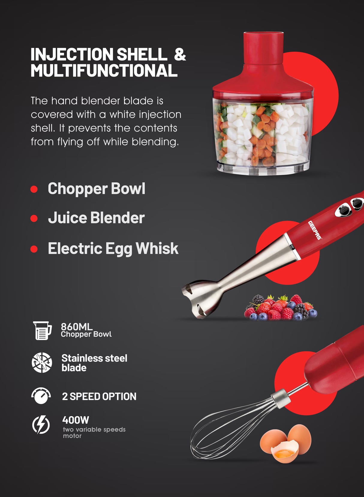 Geepas GHB6136 Hand Blender | 400W DC Motor | 2 Speed Settings | Stainless Steel Stick & Blades | 860ml Chopper Bowl | Egg Whisk | BS Plug | Durable & Easy to Use
