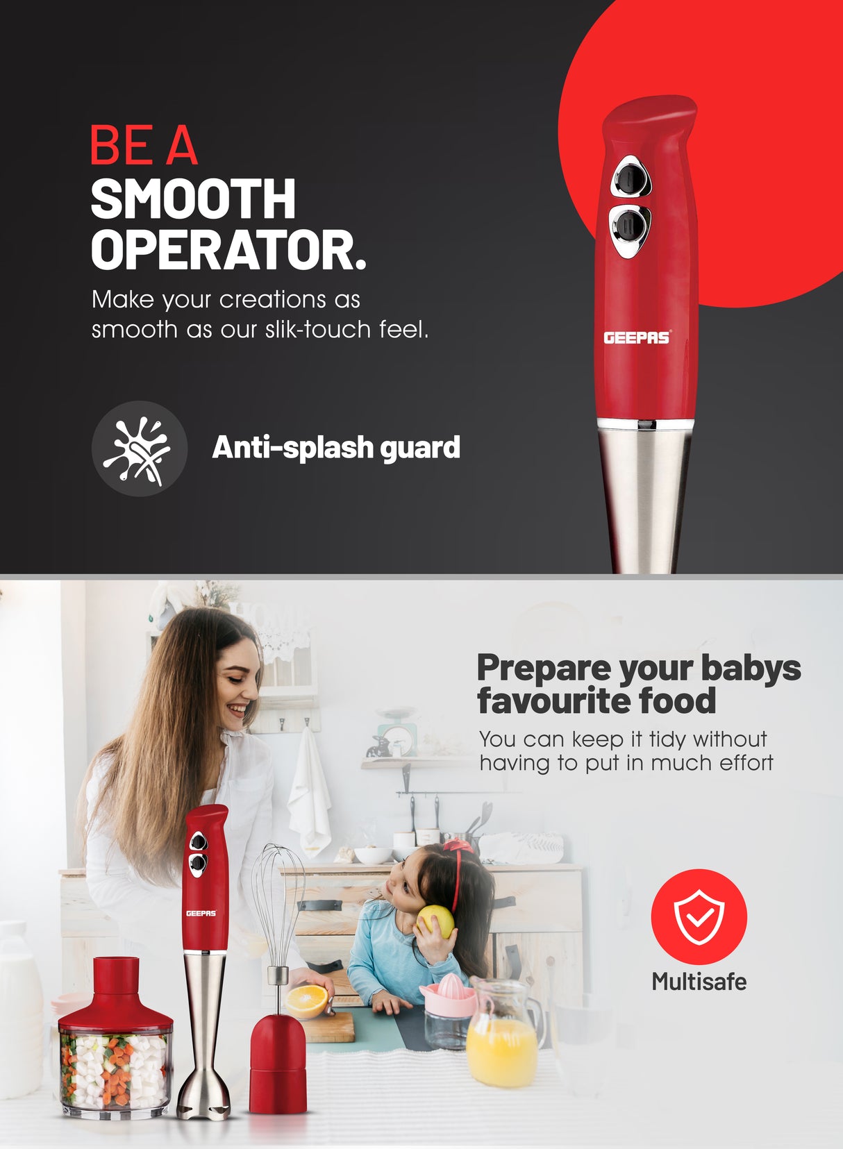 Geepas GHB6136 Hand Blender | 400W DC Motor | 2 Speed Settings | Stainless Steel Stick & Blades | 860ml Chopper Bowl | Egg Whisk | BS Plug | Durable & Easy to Use