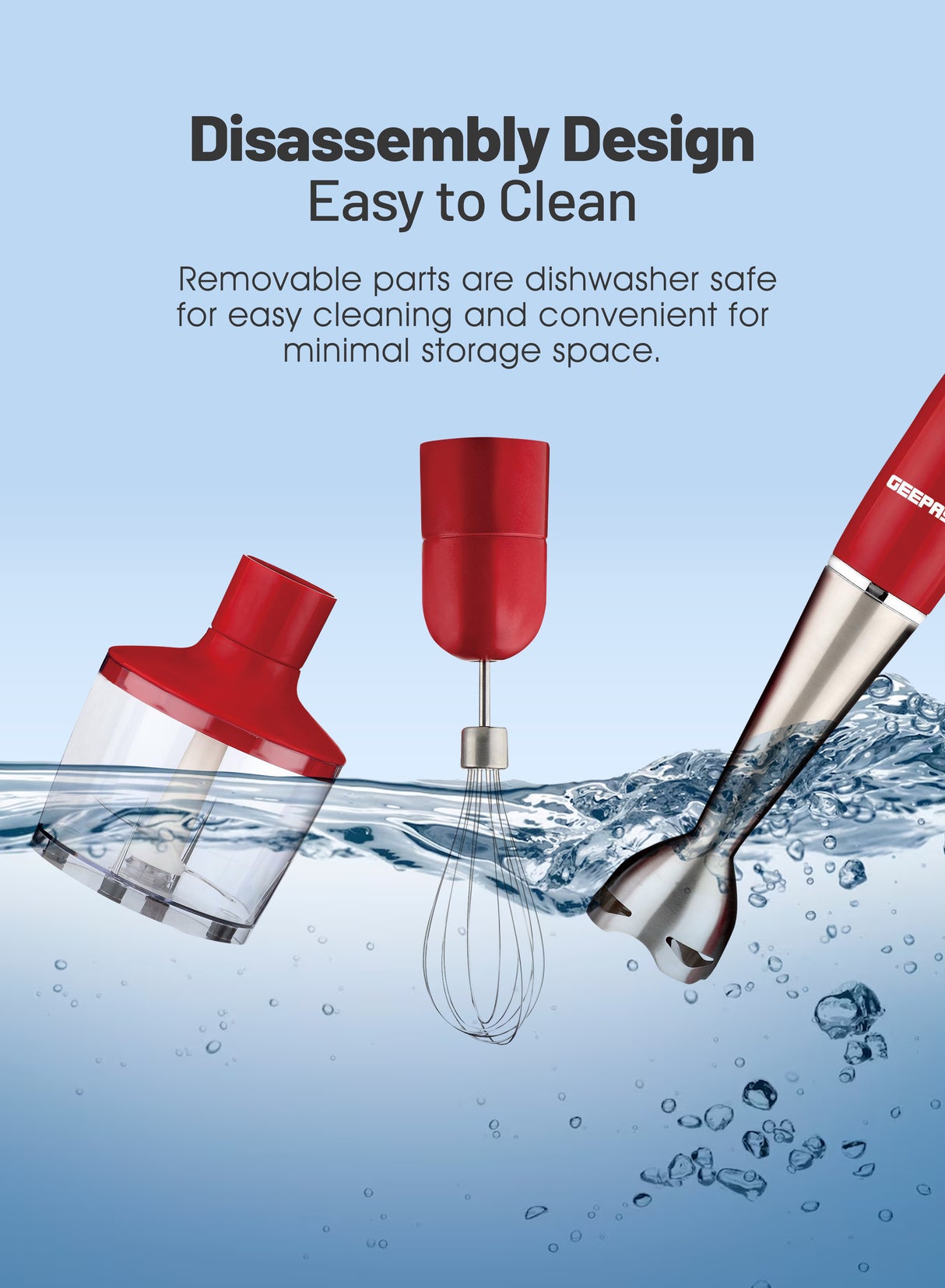 Geepas GHB6136 Hand Blender | 400W DC Motor | 2 Speed Settings | Stainless Steel Stick & Blades | 860ml Chopper Bowl | Egg Whisk | BS Plug | Durable & Easy to Use