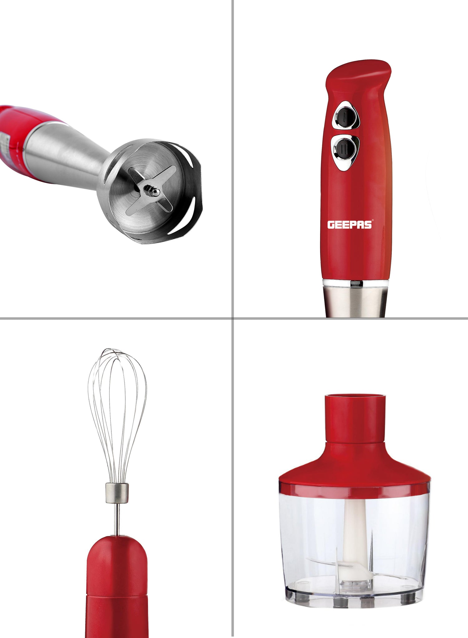 Geepas GHB6136 Hand Blender | 400W DC Motor | 2 Speed Settings | Stainless Steel Stick & Blades | 860ml Chopper Bowl | Egg Whisk | BS Plug | Durable & Easy to Use