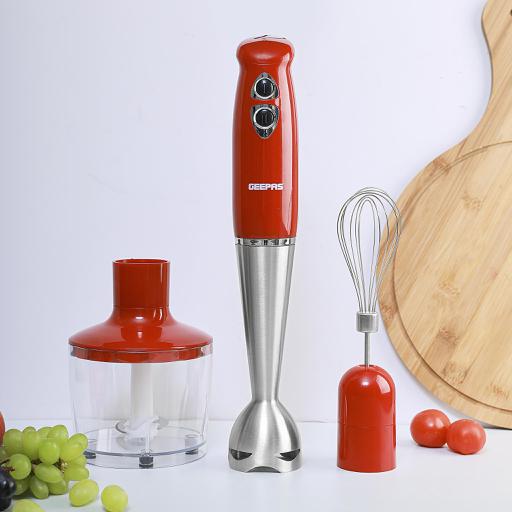 Geepas GHB6136 Hand Blender | 400W DC Motor | 2 Speed Settings | Stainless Steel Stick & Blades | 860ml Chopper Bowl | Egg Whisk | BS Plug | Durable & Easy to Use