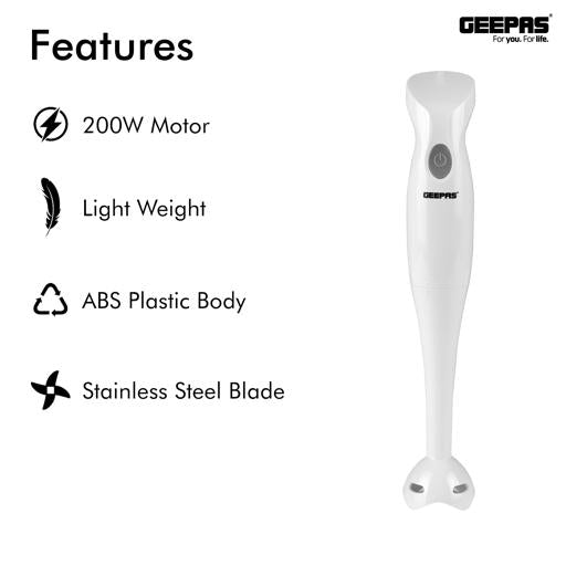 Geepas Hand Blender GHB6144 | 200W| 2-Speed Control| Stainless Steel Blade| Includes Chopper, Whisk & 600ml Beaker| Compact| Durable & Easy-to-Use | 2 Years Warranty