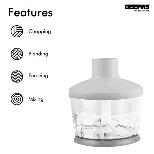 Geepas Hand Blender GHB6144 | 200W| 2-Speed Control| Stainless Steel Blade| Includes Chopper, Whisk & 600ml Beaker| Compact| Durable & Easy-to-Use | 2 Years Warranty