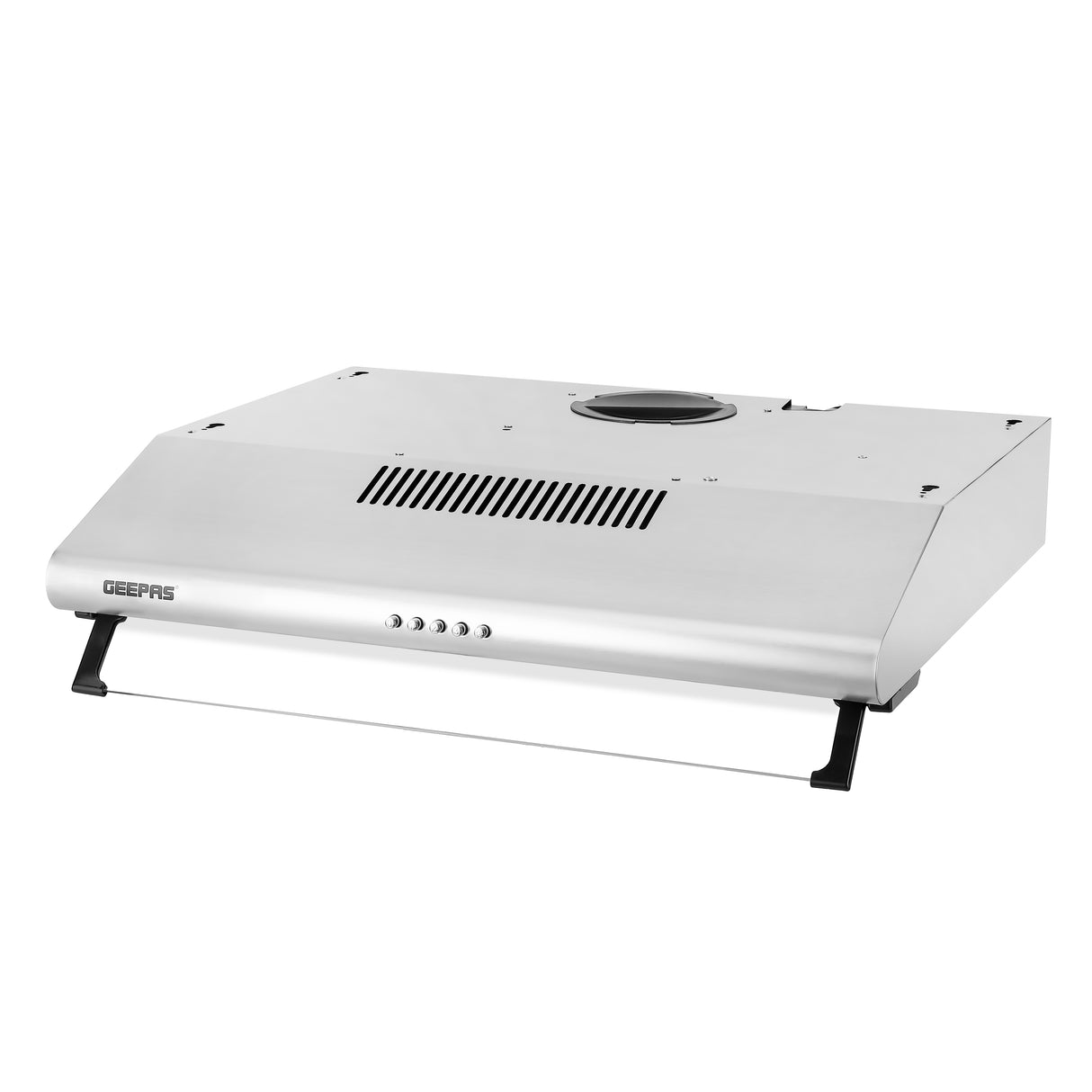 Geepas Slim Hood GHD612MCS with stainless steel finish, 3-speed control, 400 m³/hr suction, LED lighting, and charcoal filters for superior kitchen ventilation.