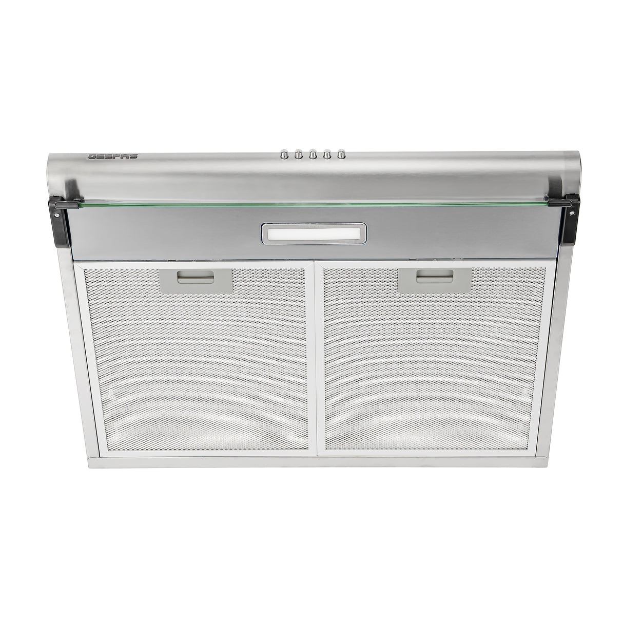 Geepas Slim Hood GHD612MCS with stainless steel finish, 3-speed control, 400 m³/hr suction, LED lighting, and charcoal filters for superior kitchen ventilation.