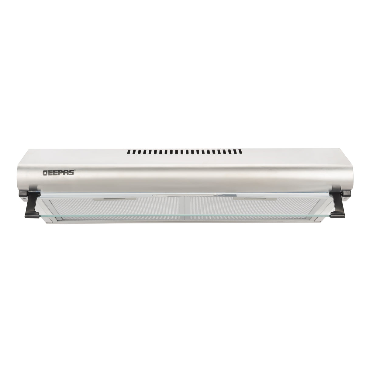 Geepas Slim Hood GHD612MCS with stainless steel finish, 3-speed control, 400 m³/hr suction, LED lighting, and charcoal filters for superior kitchen ventilation.