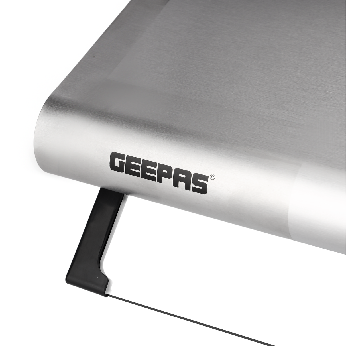 Geepas Slim Hood GHD612MCS with stainless steel finish, 3-speed control, 400 m³/hr suction, LED lighting, and charcoal filters for superior kitchen ventilation.