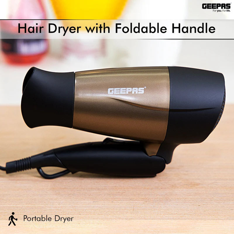 Geepas GH8642 Mini Hair Dryer |1600W Powerful Motor| 2 Speed & 2 Heat Settings| Cool Shot| Foldable Handle| Elegant Concentrator| Travel Hair Dryer | 2 Years Warranty