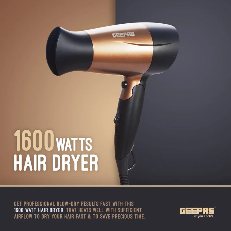 Geepas GH8642 Mini Hair Dryer |1600W Powerful Motor| 2 Speed & 2 Heat Settings| Cool Shot| Foldable Handle| Elegant Concentrator| Travel Hair Dryer | 2 Years Warranty