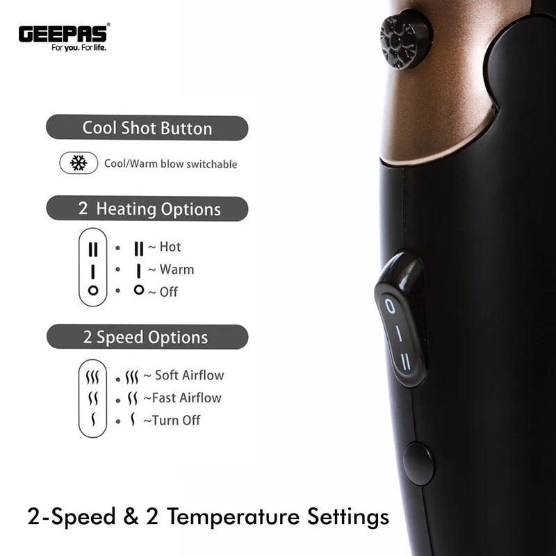 Geepas GH8642 Mini Hair Dryer |1600W Powerful Motor| 2 Speed & 2 Heat Settings| Cool Shot| Foldable Handle| Elegant Concentrator| Travel Hair Dryer | 2 Years Warranty