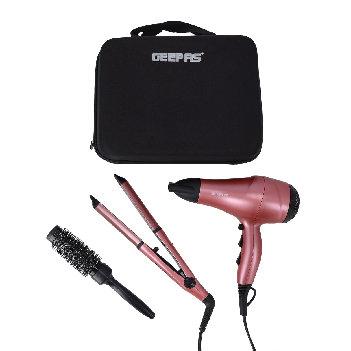 Geepas GHF86054 4-in-1 Hair Dryer, 2-in-1 Hair Straightener & Curler with Round Brush & EVA Carry Bag | 2000W | Ceramic Coating Plates| PTC Heater| 360° Swivel Cord
