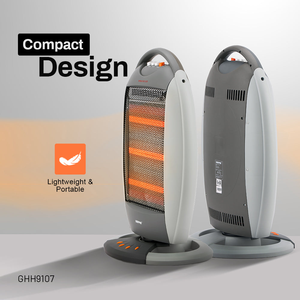 Geepas GHH9107 1200W Halogen Heater | 3 Heat Settings | Tip-Over Safety Protection | Instant Heating | Energy Efficient | Compact & Portable Design | 2 Years Warranty