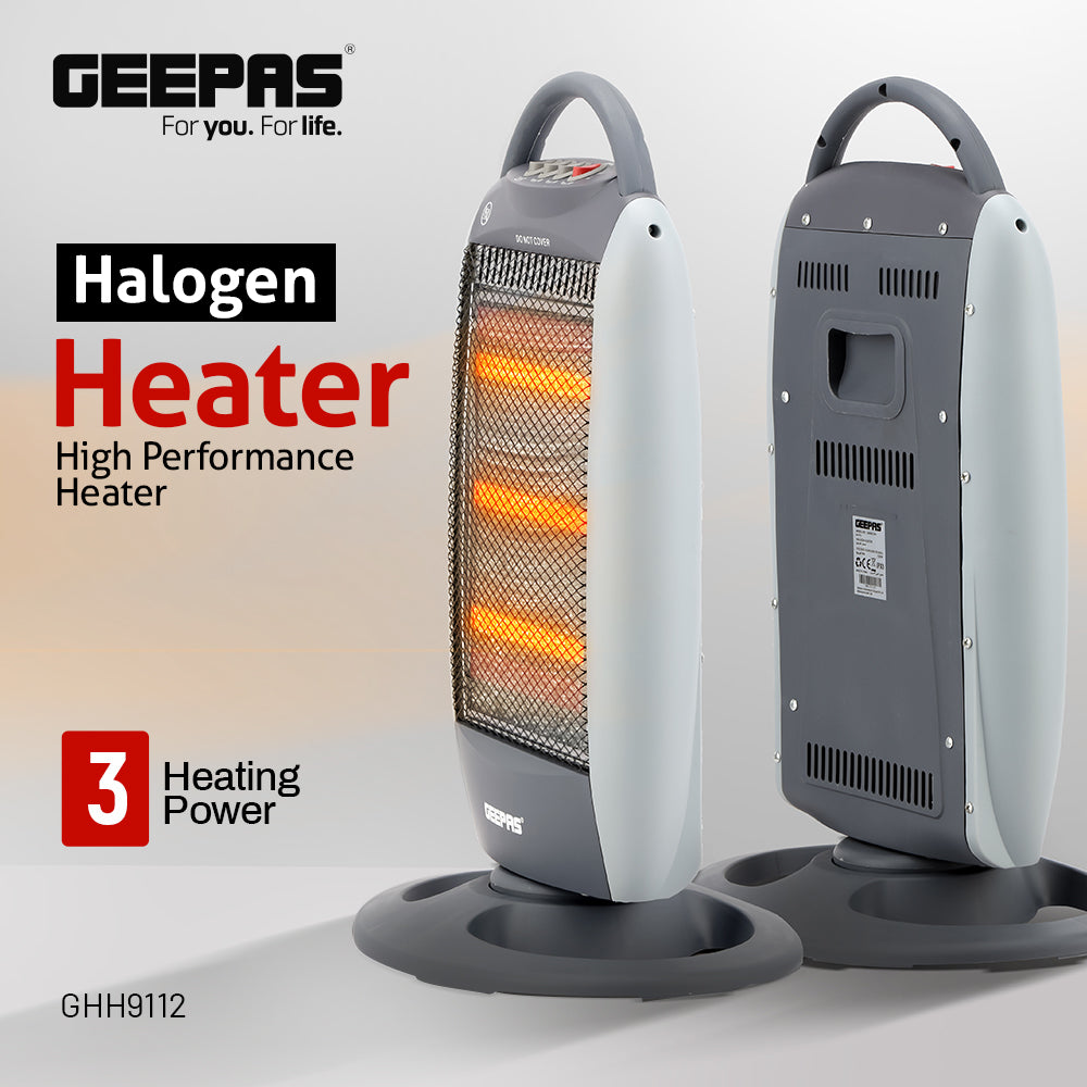 Geepas Halogen Heater- GHH9112 | 1200W/800W/400W Heat Settings, Safety Tip-Over Switch, Oscillation, Cool-Touch Housing & Carry Handle, Ideal for Home & Office