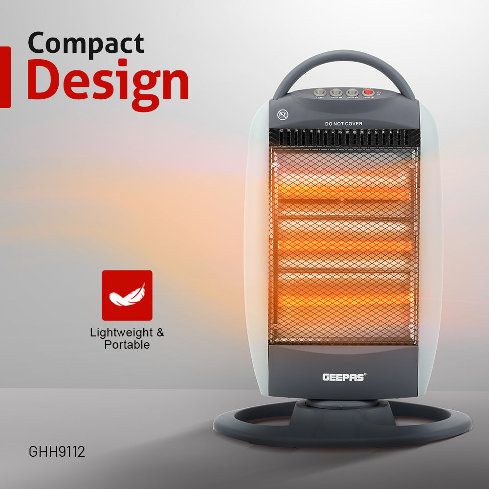Geepas Halogen Heater- GHH9112 | 1200W/800W/400W Heat Settings, Safety Tip-Over Switch, Oscillation, Cool-Touch Housing & Carry Handle, Ideal for Home & Office