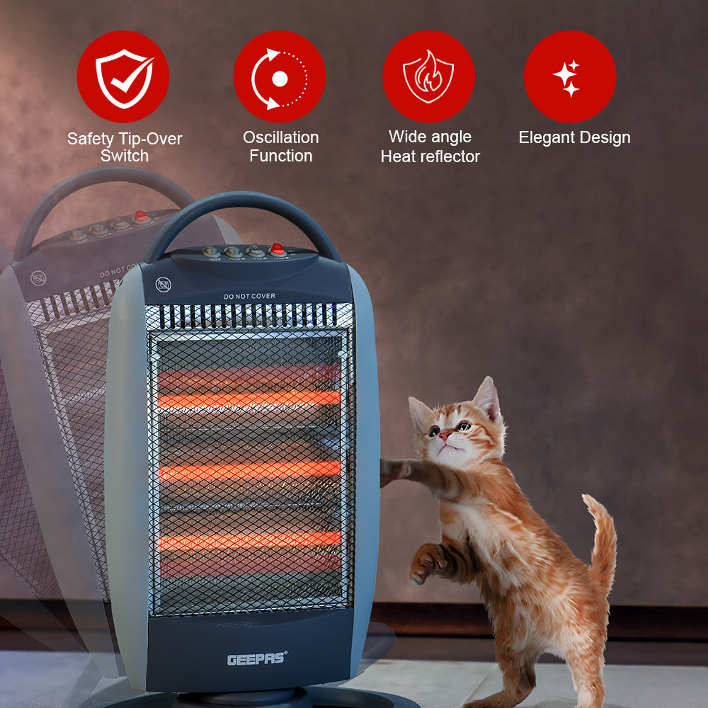 Geepas Halogen Heater- GHH9112 | 1200W/800W/400W Heat Settings, Safety Tip-Over Switch, Oscillation, Cool-Touch Housing & Carry Handle, Ideal for Home & Office