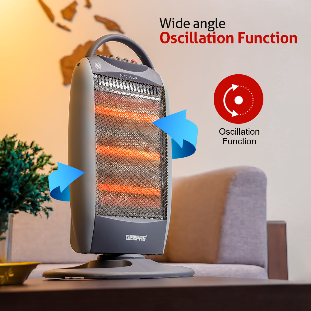 Geepas Halogen Heater- GHH9112 | 1200W/800W/400W Heat Settings, Safety Tip-Over Switch, Oscillation, Cool-Touch Housing & Carry Handle, Ideal for Home & Office