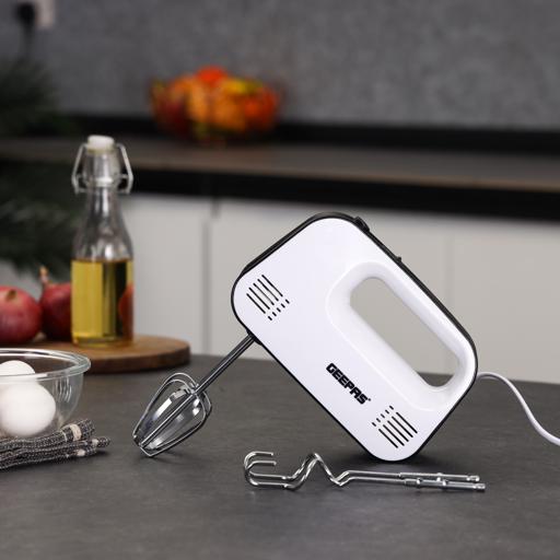 Geepas Hand Mixer- GHM43030/ 150 W, 3 Speed Control, Eject Button and Overheat Protection/ Includes 2 Attachments, Hooks and Beater/ Black and White, 2 Years Warranty