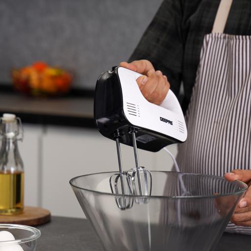 Geepas Hand Mixer- GHM43030/ 150 W, 3 Speed Control, Eject Button and Overheat Protection/ Includes 2 Attachments, Hooks and Beater/ Black and White, 2 Years Warranty