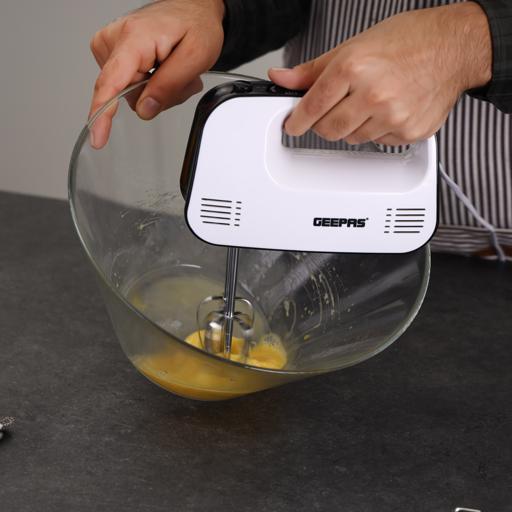 Geepas Hand Mixer- GHM43030/ 150 W, 3 Speed Control, Eject Button and Overheat Protection/ Includes 2 Attachments, Hooks and Beater/ Black and White, 2 Years Warranty