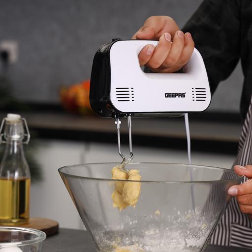 Geepas Hand Mixer- GHM43030/ 150 W, 3 Speed Control, Eject Button and Overheat Protection/ Includes 2 Attachments, Hooks and Beater/ Black and White, 2 Years Warranty