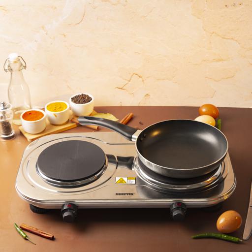 Geepas Stainless Steel Double Hot Plate GHP32024 |2500W Powerful Dual Solid Plates 155mm & 185mm|  Adjustable Temperature Control| Auto Thermostat | Overheat Protection