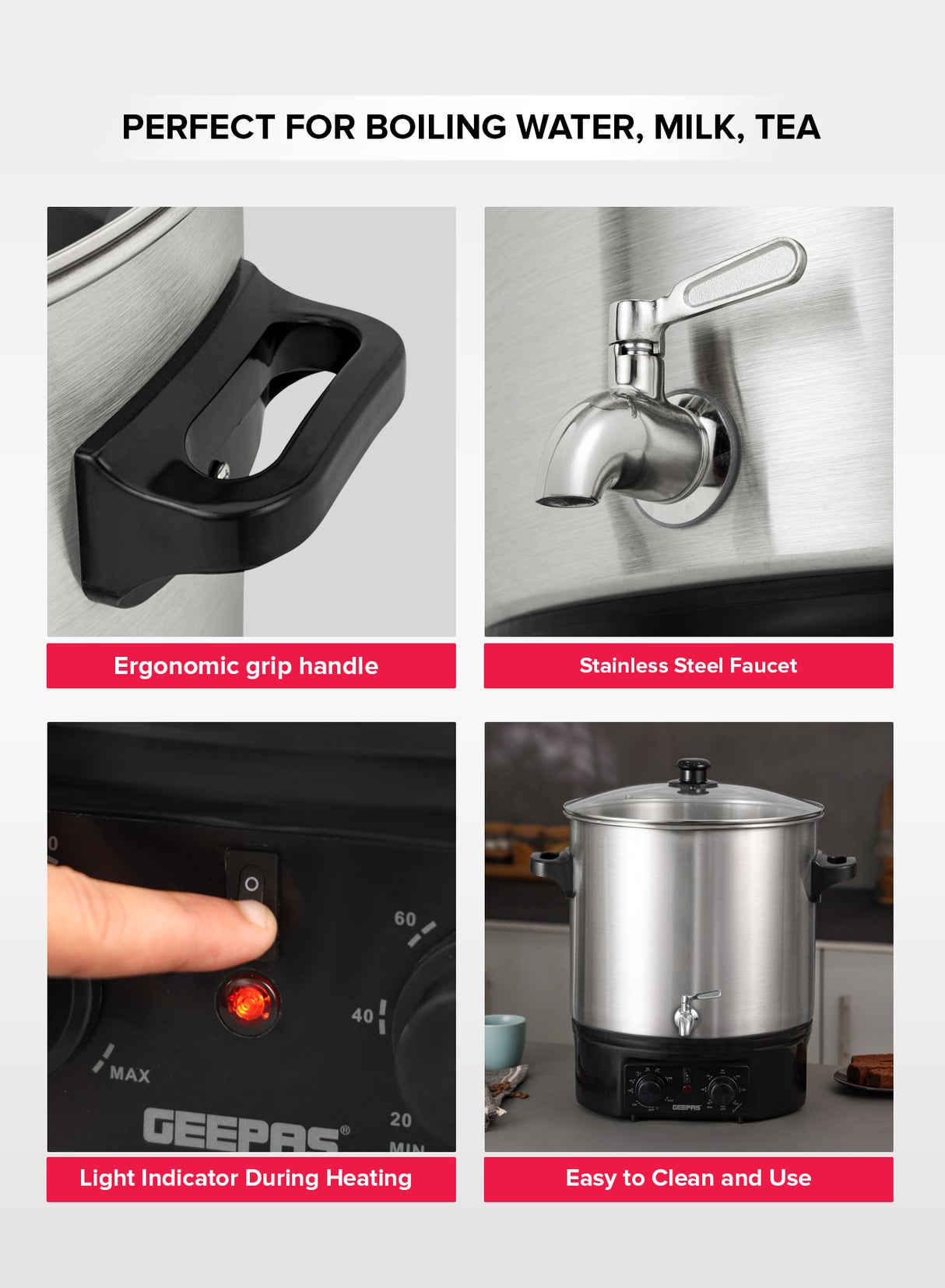 Geepas Stainless Steel Water Boiler 27L GK38077 | 2000W High Performance | Built-in Timer| Boil Dry & Safety Features | Durable Design| Energy Efficient |2 Years Warranty