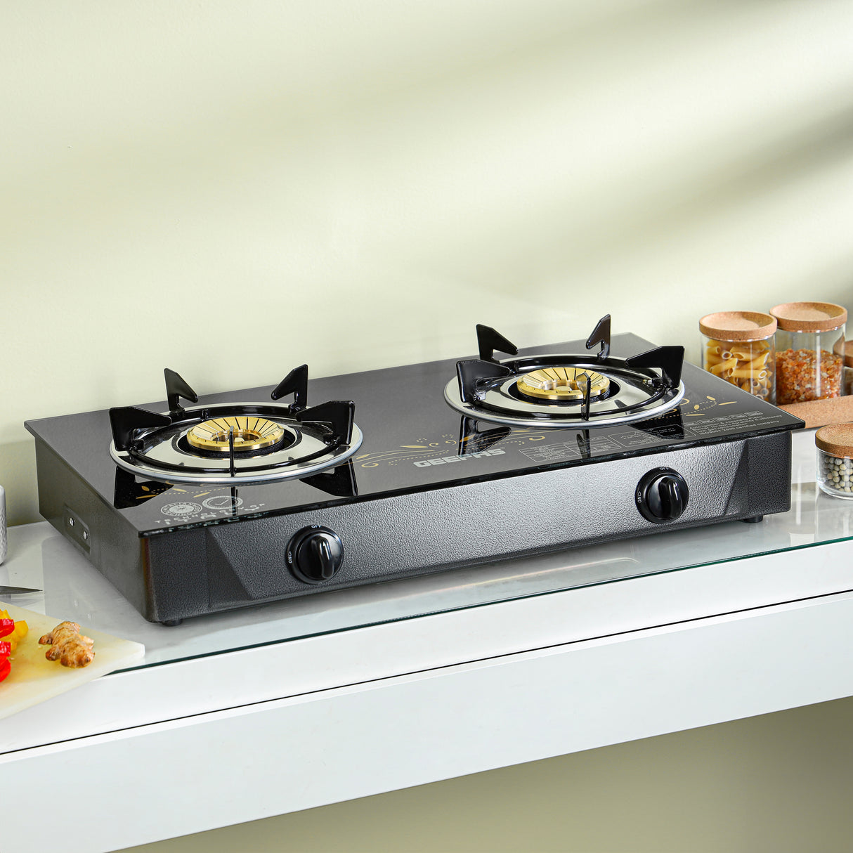 Geepas GK4280 Gas Cooker | 2 Burner Brass Stove with Tempered Glass Panel | Auto Ignition | Stainless Steel Body | 60% Gas Saving | Stylish Design | 2 Years Warranty