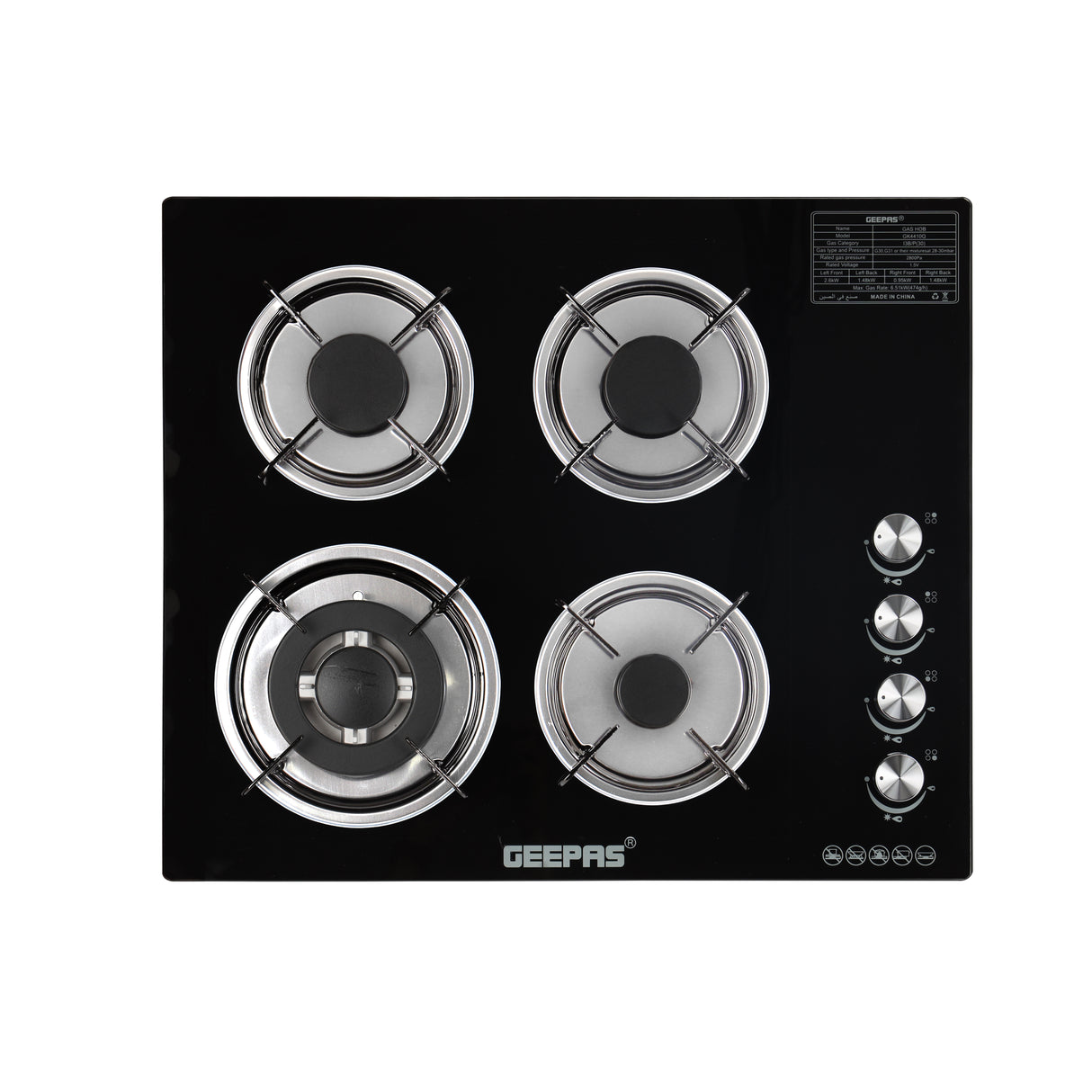 Geepas Glass Gas Hob GK4410 | 4 Burner Gas Stove with Auto Ignition | 8mm Extra-Hard Tempered Glass Surface| Low Gas Consumption & Durable Pan Support| 2 Years Warranty