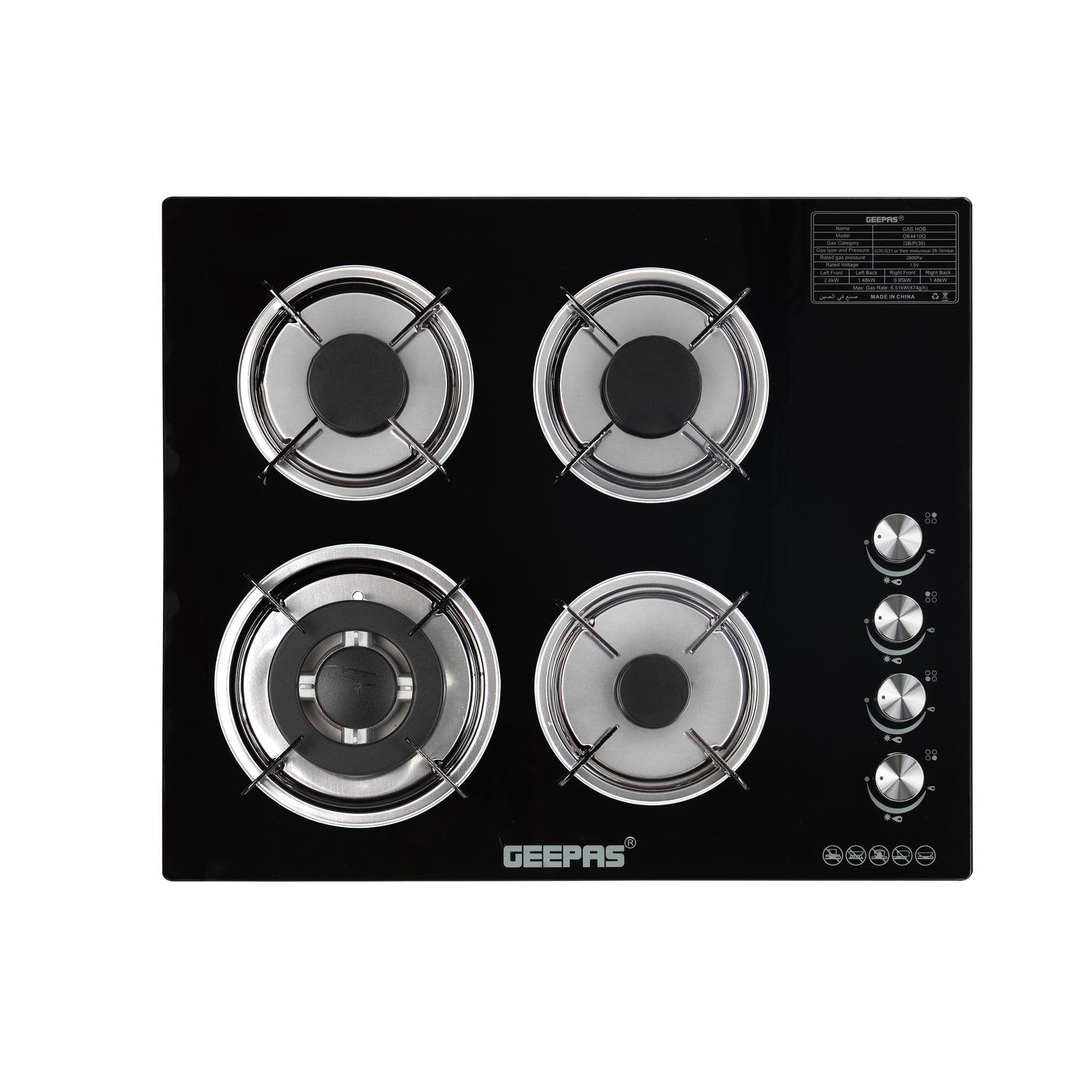 Geepas Glass Gas Hob GK4410 | 4 Burner Gas Stove with Auto Ignition | 8mm Extra-Hard Tempered Glass Surface| Low Gas Consumption & Durable Pan Support| 2 Years Warranty