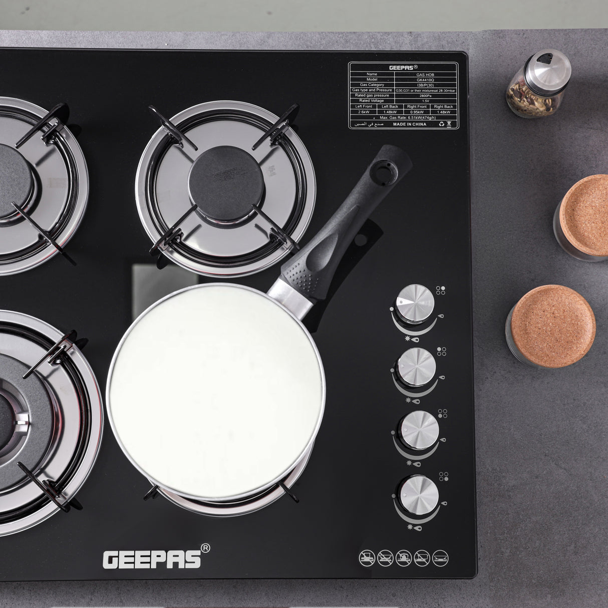 Geepas Glass Gas Hob GK4410 | 4 Burner Gas Stove with Auto Ignition | 8mm Extra-Hard Tempered Glass Surface| Low Gas Consumption & Durable Pan Support| 2 Years Warranty
