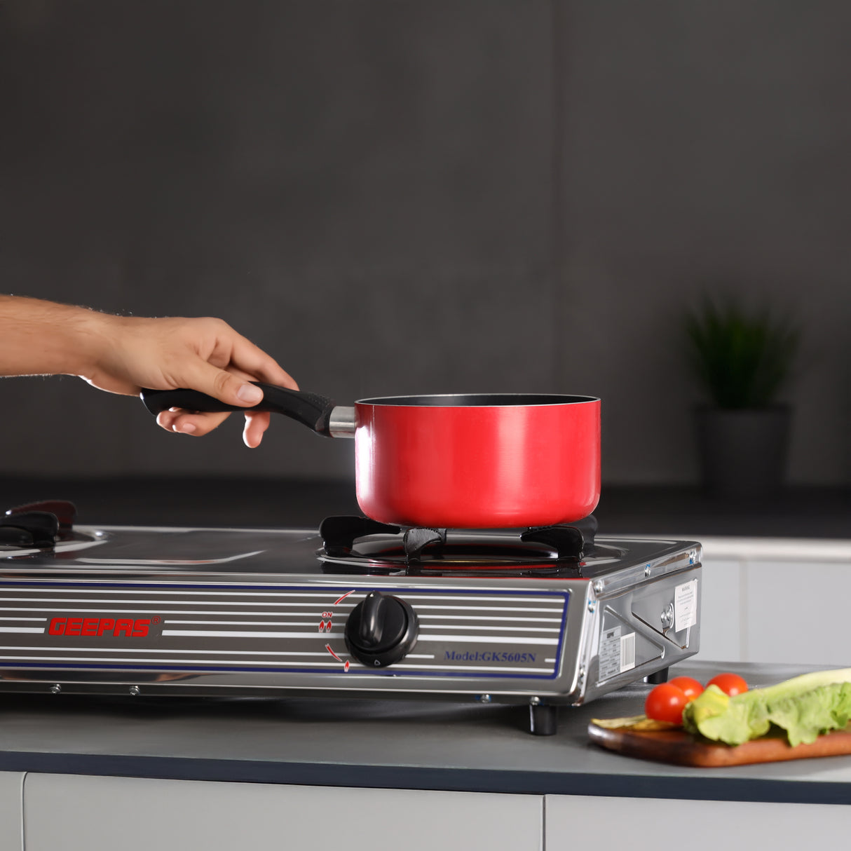 Geepas Stainless Steel Gas Cooker- GK5605/Double Cast Iron Burner Stovetop| Low Gas Consumption|Efficient Heating|Auto Ignition System| LPG Stove|Silver| 2 Years Warranty