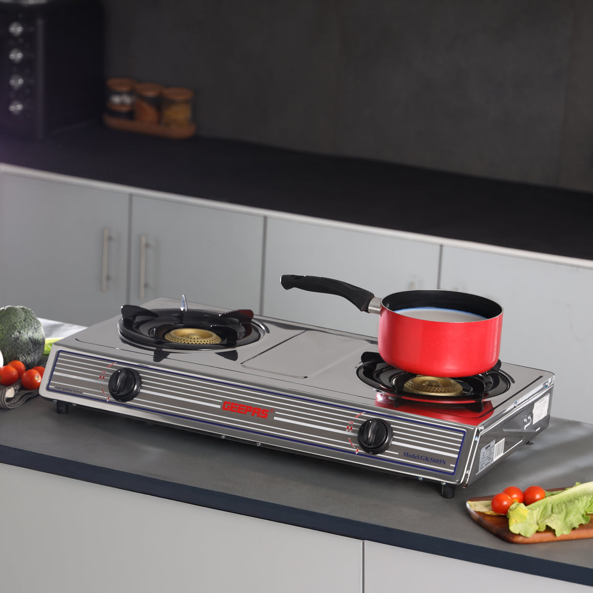 Geepas Stainless Steel Gas Cooker- GK5605/Double Cast Iron Burner Stovetop| Low Gas Consumption|Efficient Heating|Auto Ignition System| LPG Stove|Silver| 2 Years Warranty