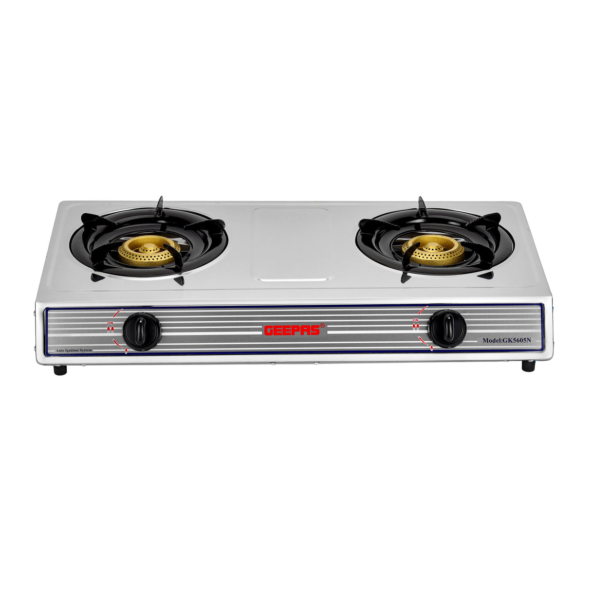 Geepas Stainless Steel Gas Cooker- GK5605/Double Cast Iron Burner Stovetop| Low Gas Consumption|Efficient Heating|Auto Ignition System| LPG Stove|Silver| 2 Years Warranty