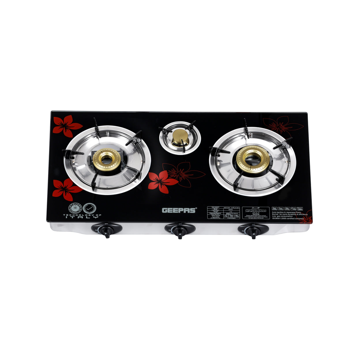 Geepas Gas Cooker GK6759 | 3 Burner Gas Stove with Auto Ignition| Durable Stainless Steel Body| Heavy-Duty Cast Iron Burners| 60% Gas Saving Technology| 2 Years Warranty