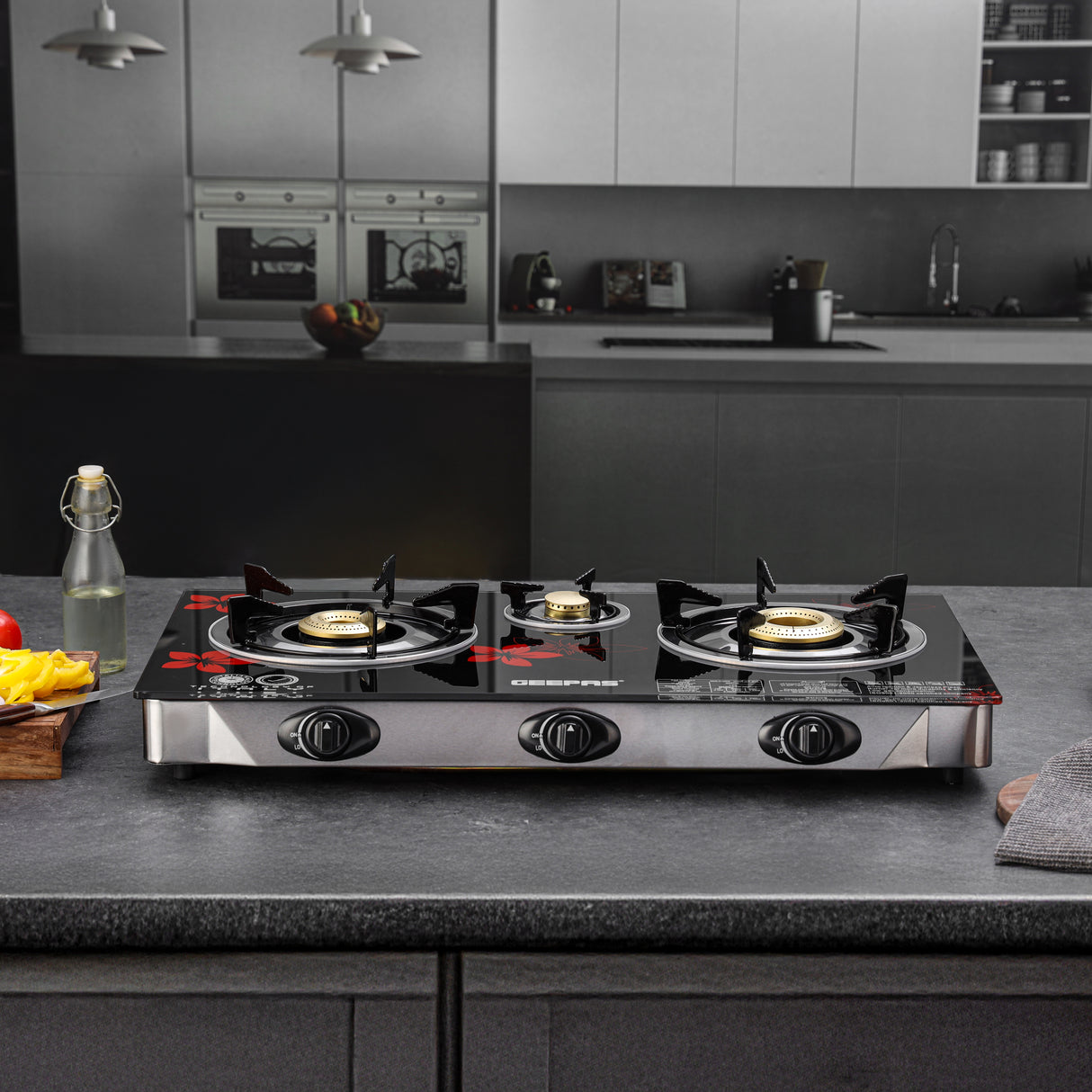 Geepas Gas Cooker GK6759 | 3 Burner Gas Stove with Auto Ignition| Durable Stainless Steel Body| Heavy-Duty Cast Iron Burners| 60% Gas Saving Technology| 2 Years Warranty