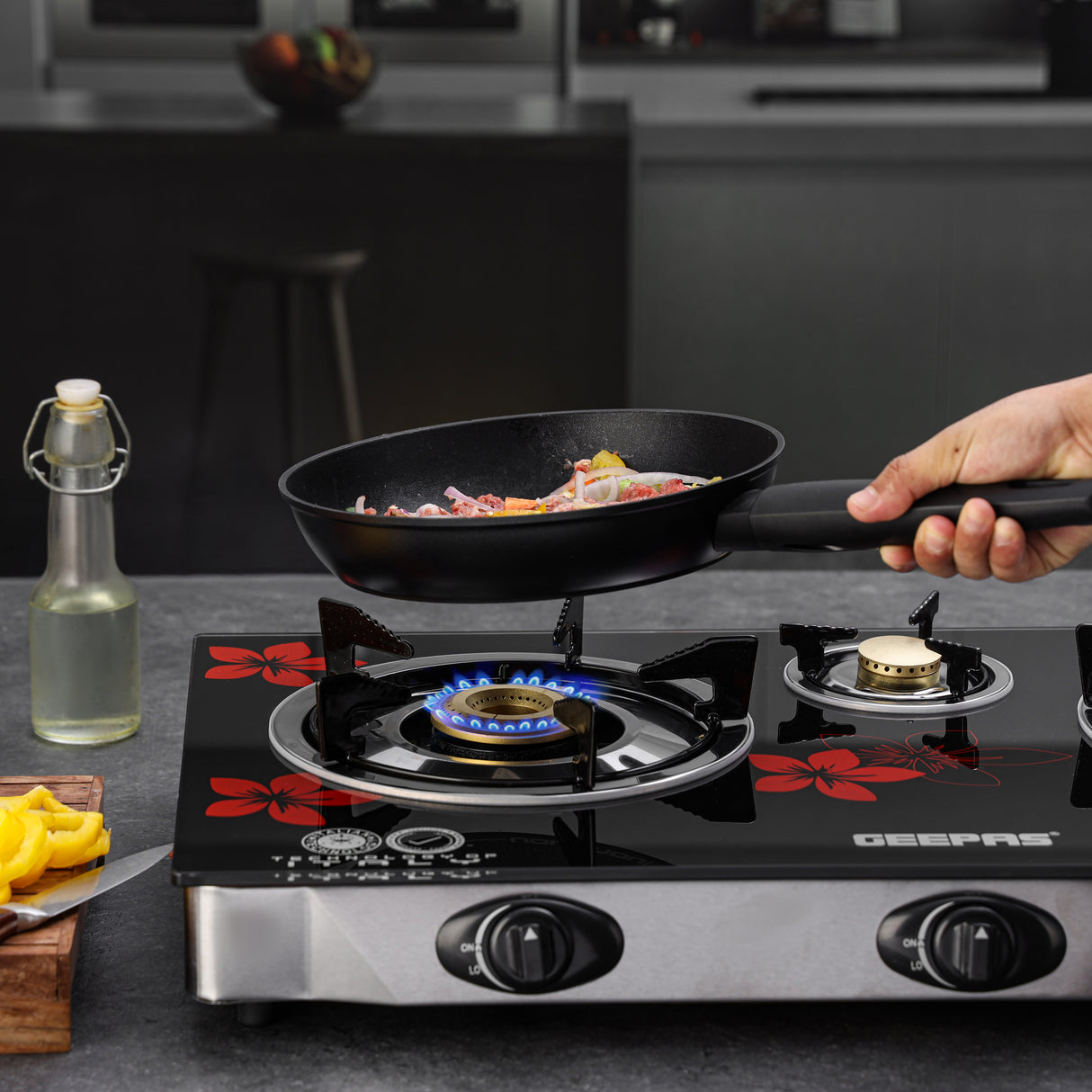 Geepas Gas Cooker GK6759 | 3 Burner Gas Stove with Auto Ignition| Durable Stainless Steel Body| Heavy-Duty Cast Iron Burners| 60% Gas Saving Technology| 2 Years Warranty