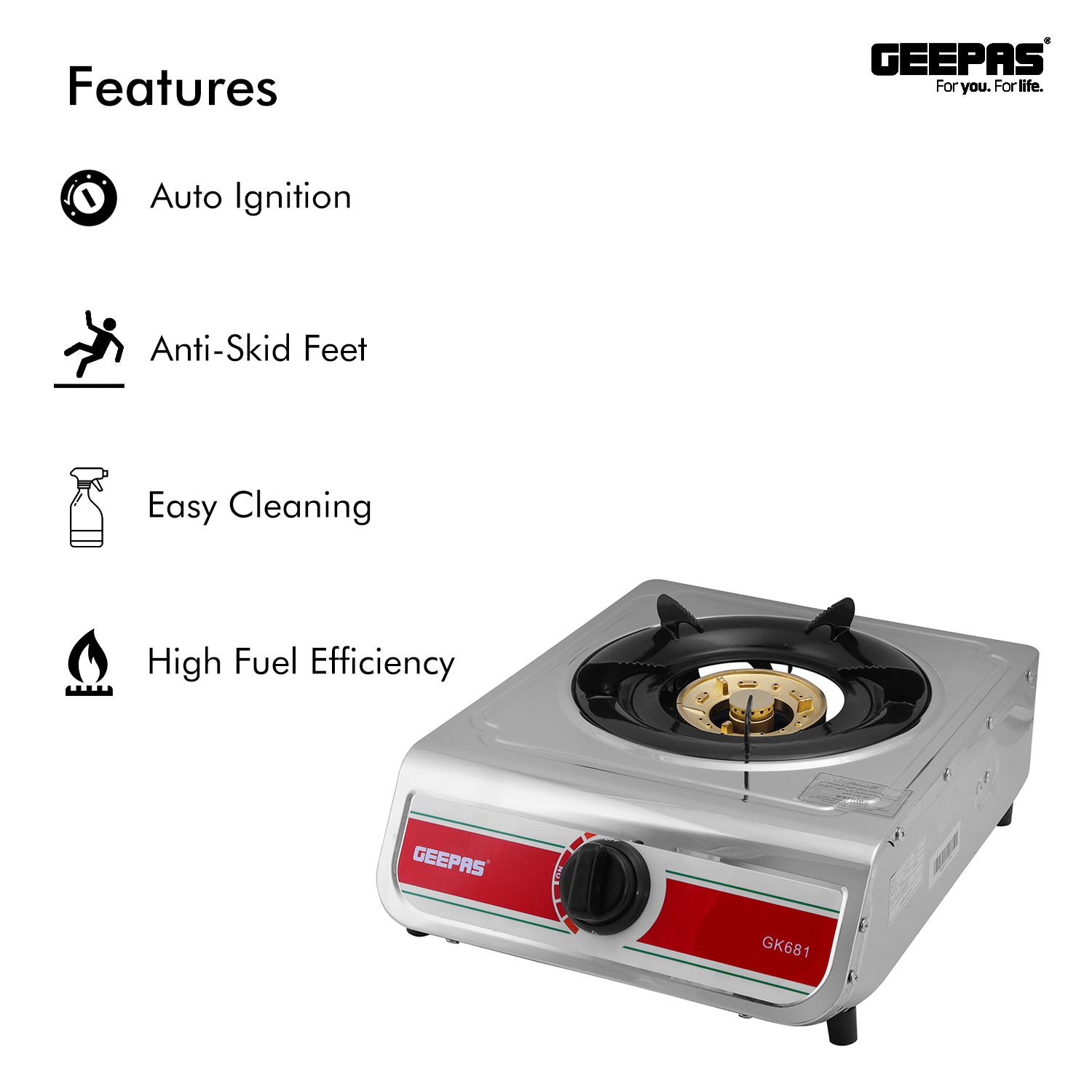 Geepas GK681 Stainless Steel Gas Cooker | Single Burner Stove with Large Twin Tube Burner | Auto Ignition System| Fuel Efficient Cast Iron Burner|  2 Years Warranty
