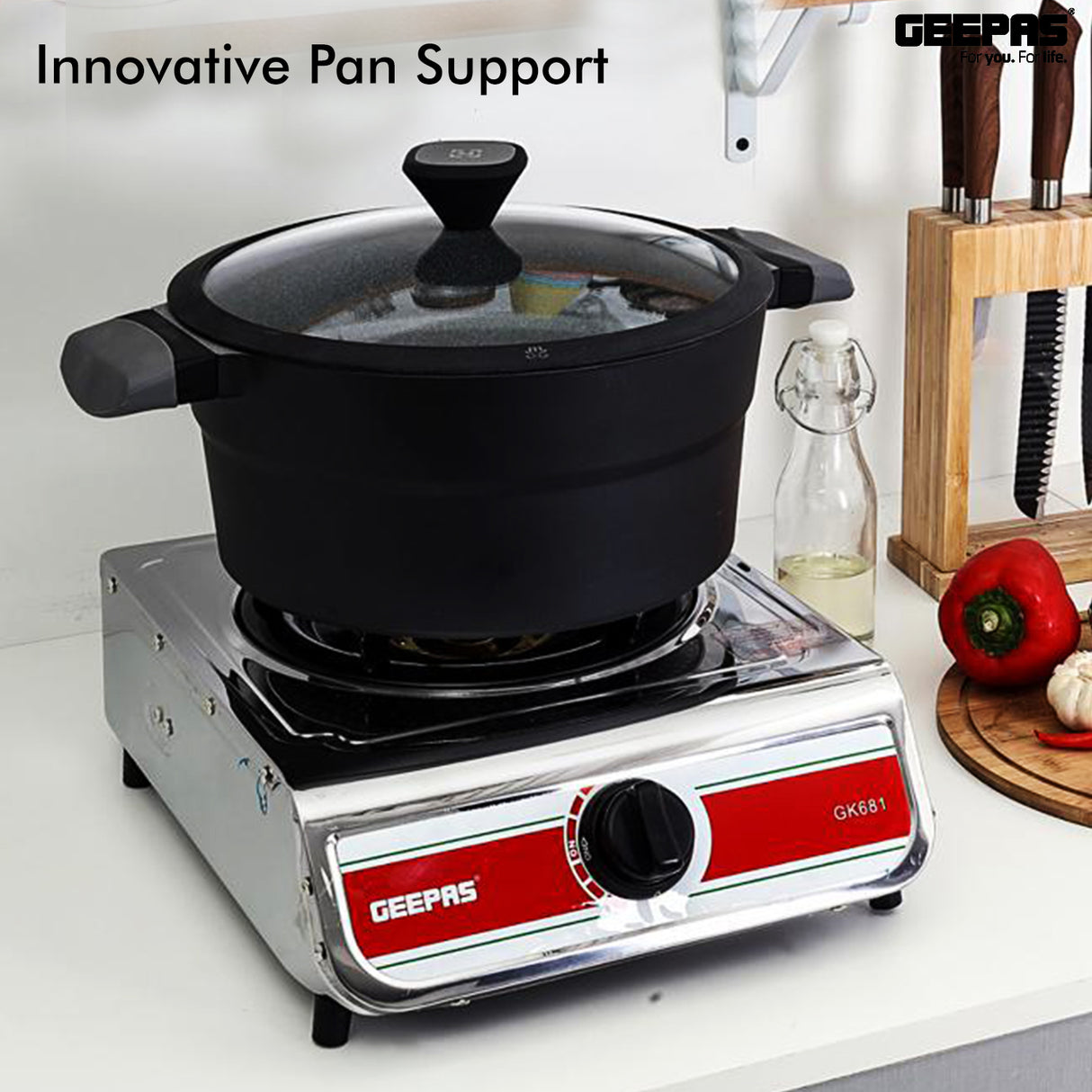 Geepas GK681 Stainless Steel Gas Cooker | Single Burner Stove with Large Twin Tube Burner | Auto Ignition System| Fuel Efficient Cast Iron Burner|  2 Years Warranty