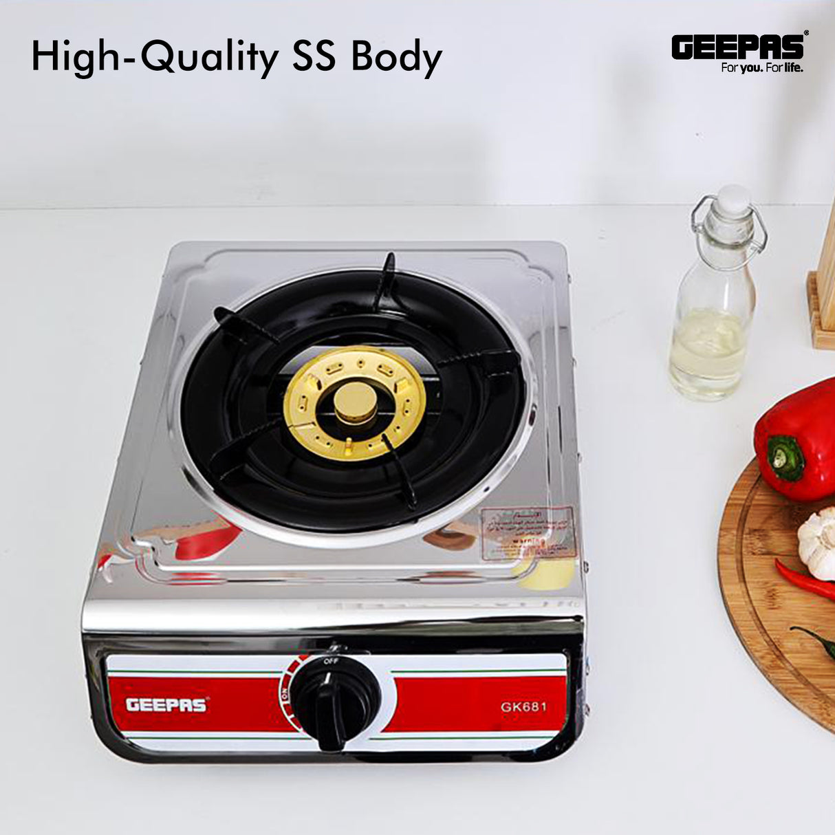 Geepas GK681 Stainless Steel Gas Cooker | Single Burner Stove with Large Twin Tube Burner | Auto Ignition System| Fuel Efficient Cast Iron Burner|  2 Years Warranty