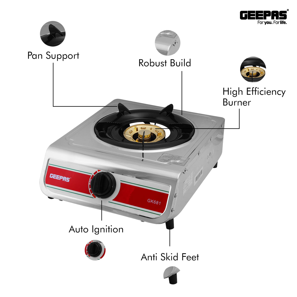 Geepas GK681 Stainless Steel Gas Cooker | Single Burner Stove with Large Twin Tube Burner | Auto Ignition System| Fuel Efficient Cast Iron Burner|  2 Years Warranty