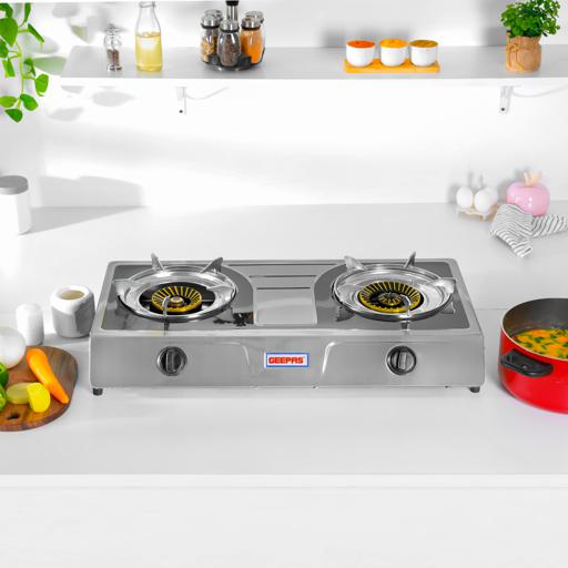 Geepas GK6856 Stainless Steel Gas Cooker | 2 Cast Iron Burners | Automatic Ignition System | High Efficiency 5.6KW Power | Low Gas Consumption | Save 60% |2-Year Warranty