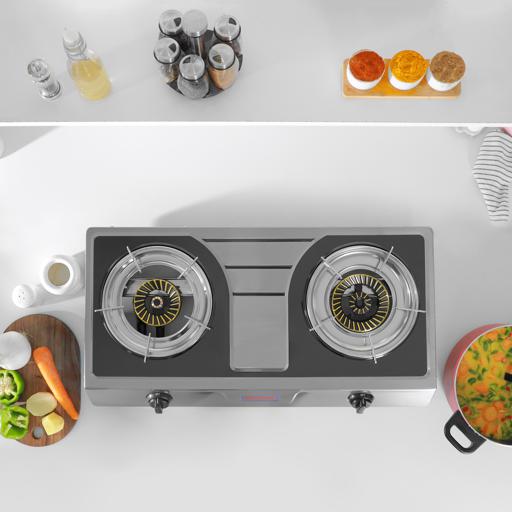 Geepas GK6856 Stainless Steel Gas Cooker | 2 Cast Iron Burners | Automatic Ignition System | High Efficiency 5.6KW Power | Low Gas Consumption | Save 60% |2-Year Warranty