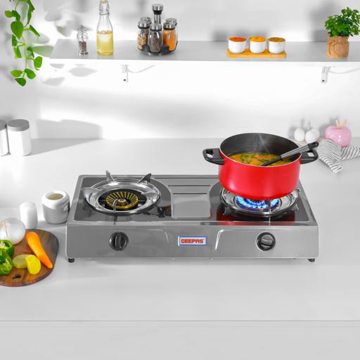 Geepas GK6856 Stainless Steel Gas Cooker | 2 Cast Iron Burners | Automatic Ignition System | High Efficiency 5.6KW Power | Low Gas Consumption | Save 60% |2-Year Warranty