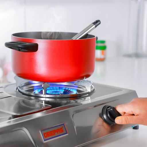 Geepas GK6856 Stainless Steel Gas Cooker | 2 Cast Iron Burners | Automatic Ignition System | High Efficiency 5.6KW Power | Low Gas Consumption | Save 60% |2-Year Warranty