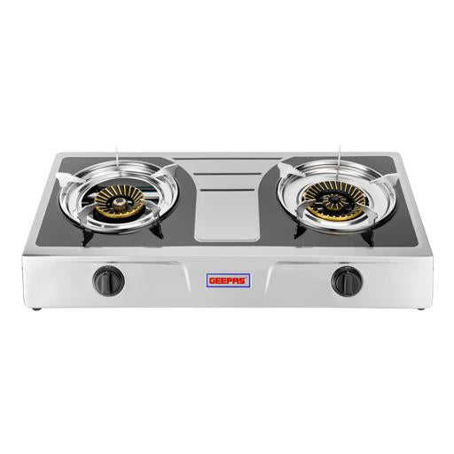 Geepas GK6856 Stainless Steel Gas Cooker | 2 Cast Iron Burners | Automatic Ignition System | High Efficiency 5.6KW Power | Low Gas Consumption | Save 60% |2-Year Warranty