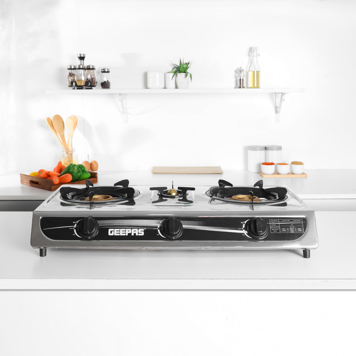 Geepas GK6857 Triple Burner Gas Cooker | Stainless Steel Body| 3 Burners| Auto Ignition System | 5.60kW Powerful Heat Output | Easy Cleaning Design & 2-Year Warranty