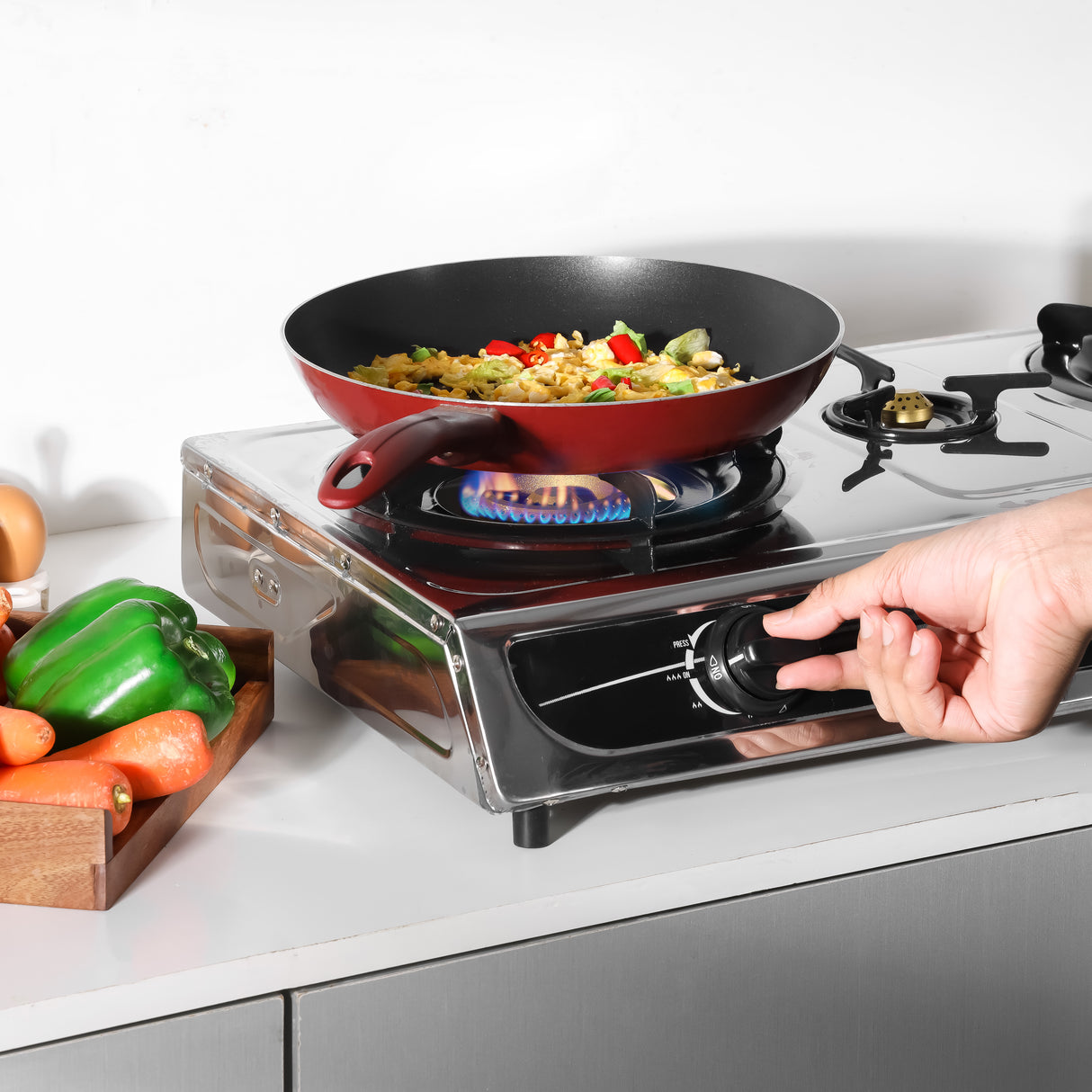 Geepas GK6857 Triple Burner Gas Cooker | Stainless Steel Body| 3 Burners| Auto Ignition System | 5.60kW Powerful Heat Output | Easy Cleaning Design & 2-Year Warranty