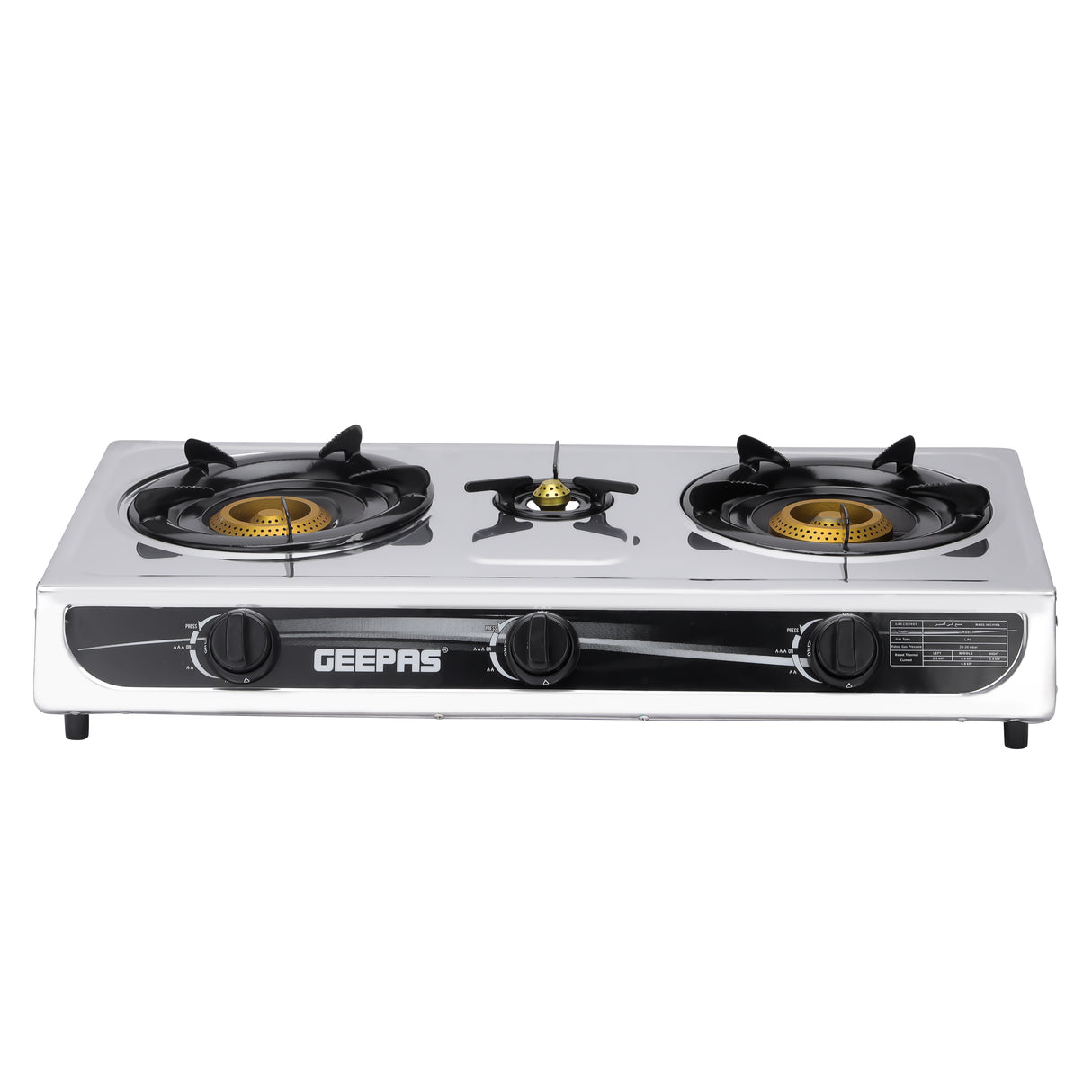 Geepas GK6857 Triple Burner Gas Cooker | Stainless Steel Body| 3 Burners| Auto Ignition System | 5.60kW Powerful Heat Output | Easy Cleaning Design & 2-Year Warranty