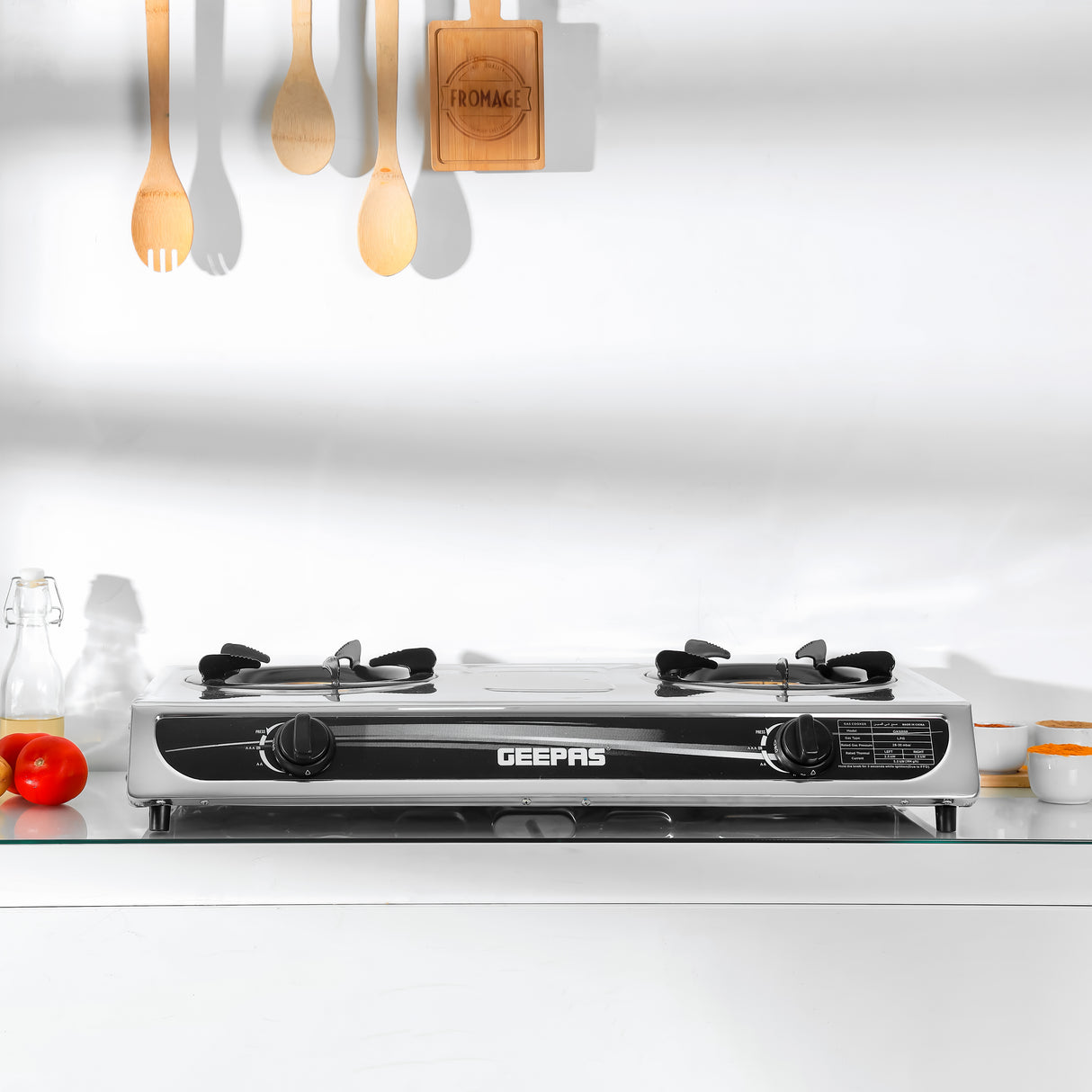 Geepas GK6898 Two Burner Gas Cooker | Stainless Steel Body| 2 High Efficiency Burners| Auto Ignition System| Flame Failure Device| Easy Cleaning Design |2 Years Warranty