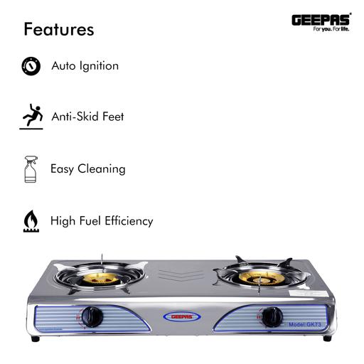 Geepas GK73 Stainless Steel Gas Stove | Powerful 7KW Double Burner | Auto Ignition for Easy Use |Durable Design with High Efficiency Cooking Performance |2 Years Warranty